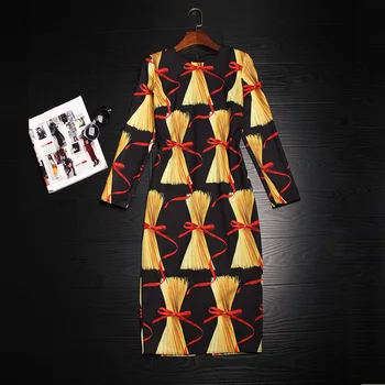 

European Elegant Women Fashion Runway Spring Printed Slim Dress Long Sleeve Vintage Straight Polyester Dresses High Quality