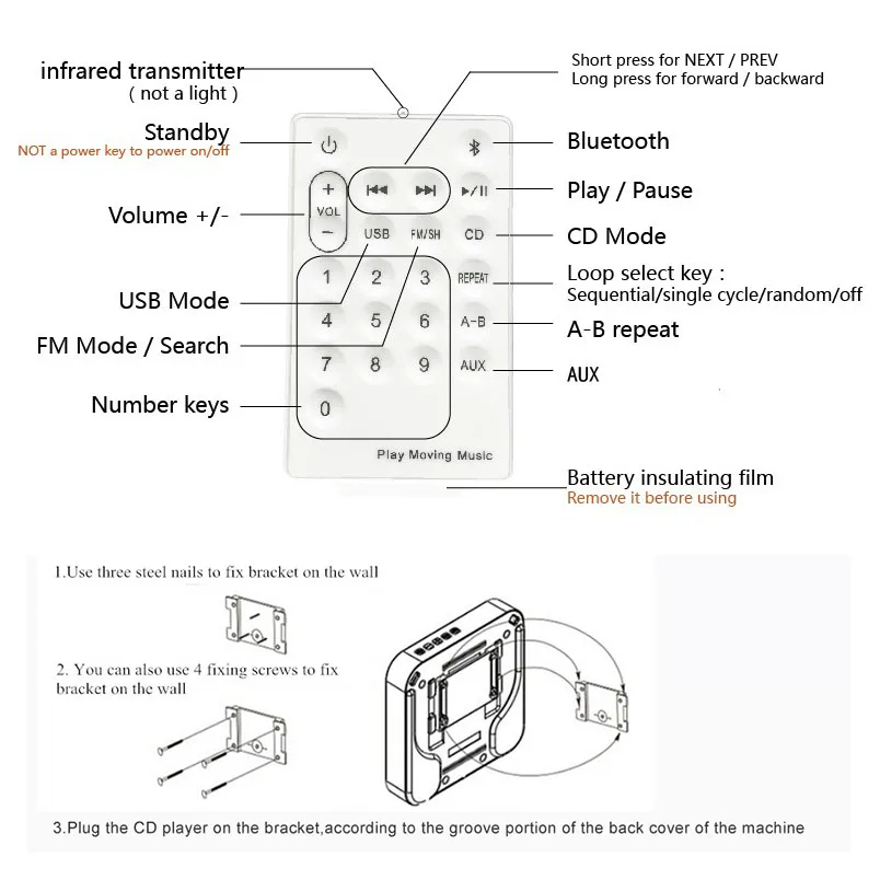 Портативный CD MP3 плеер Bluetooth настенный домашний аудио магнитофон динамик