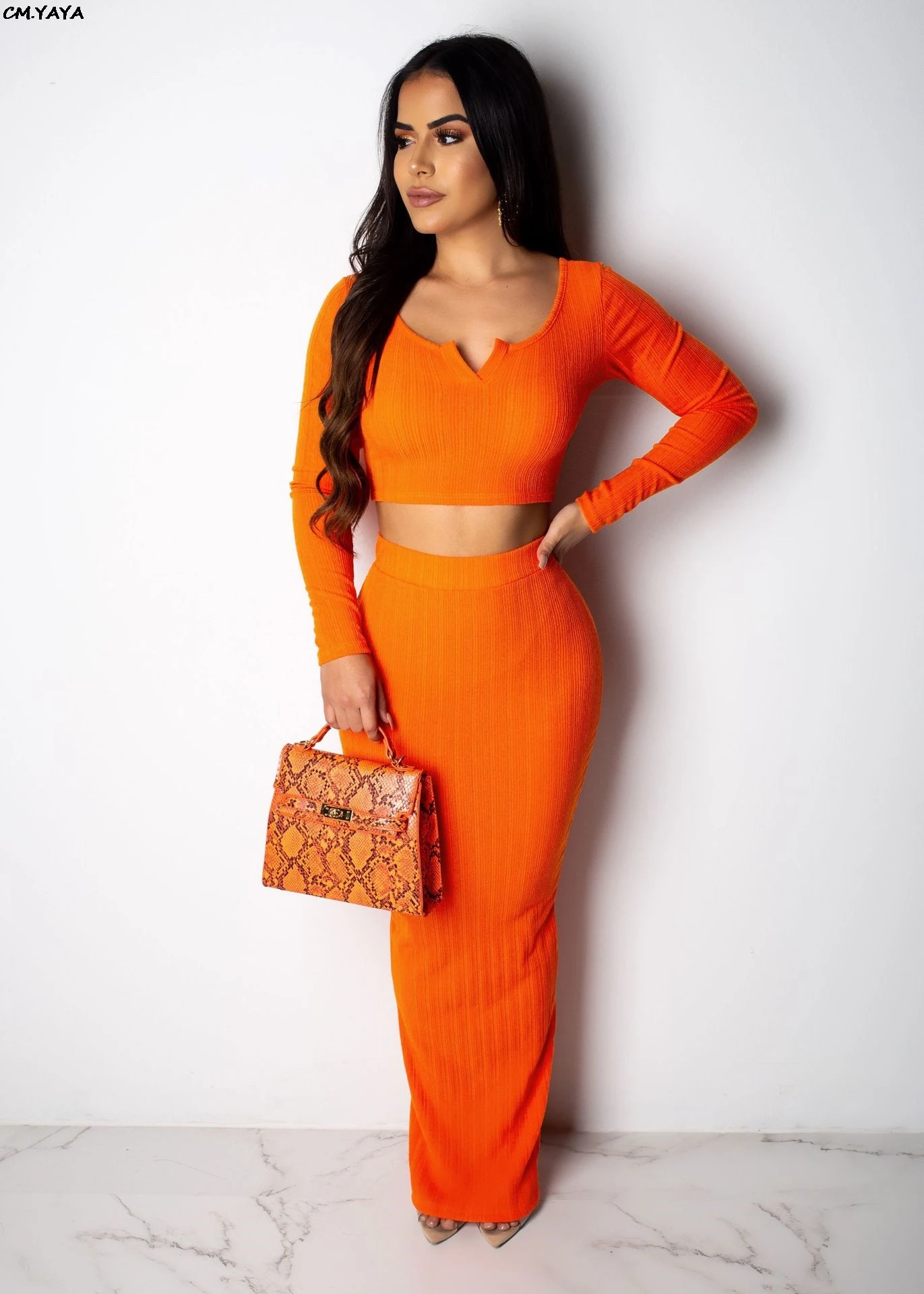 Новая женская летняя обувь Трикотажные Длинные рукава укороченный топ разрезом сзади длинные облегающая юбка миди комплект из двух предметов макси платья 2 цвета Z017 - Цвет: Оранжевый