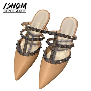 

ISNOM Studded Summer Slippers Female 2019 New Women Slides Shoes Pointed Toe Mules Shoes Leather Rivet High Heels Gladiator Shoe