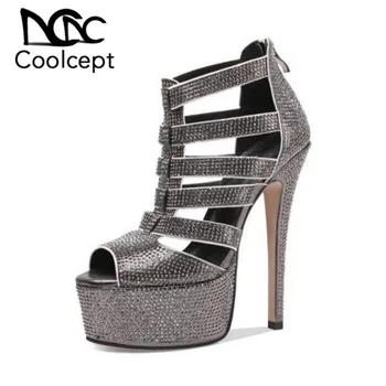

CoolCept Sexy Women Real Leather High Heel Sandals Open Toe Platform Crystal Sandals Fashion Night Club Shoes Women Size 33-41