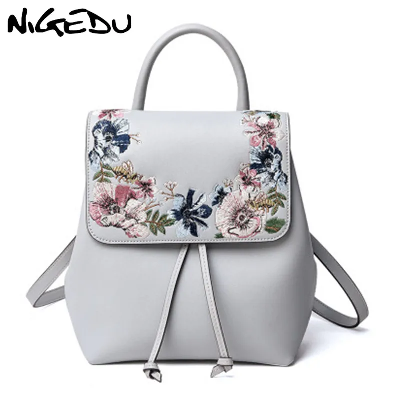 

Embroidery flowers Women Backpacks PU Leather Backpack for Teenage Girls School Bags Floral female Shoulder bag Black mochila