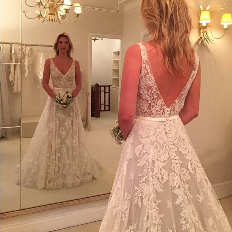 

Charming A-line Lace Wedding Dresses V-neck Backless Sweep Train Bridal Gowns Country Garden Bridal Dresses Vestidos Baratos