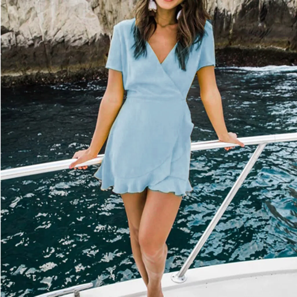 

Sexy Backless Solid Wrap Sleeveless Cami Short Dress Summer Plus Size Soild Color V-Neck Short Sleeve Dress 5.16