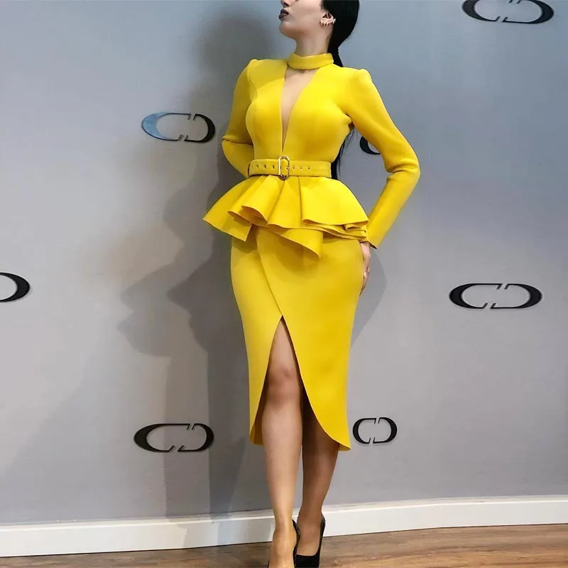 

Women Long Sleeve Mid-Calf Ruffle Asymmetrical Standard-Waist Dress Office Lady Sheath Solid Knee-Length O-Neck Slit Hem Dress