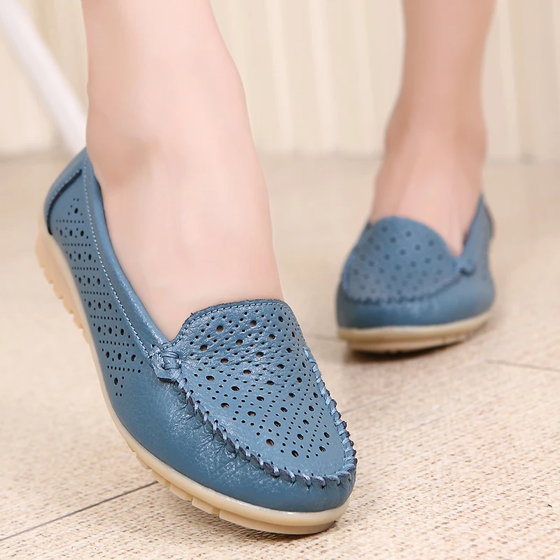 

2019 Summer women flats shoes genuine leather shoes woman cutout loafers slip on Breathable ballet flat ballerina flats