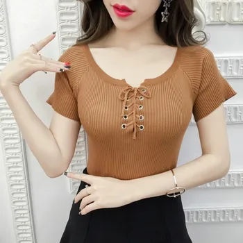 

Knitted Solid Color Sexy Lace Up Summer T-Shirt Streetwear Short Sleeve Tops Women T-shirts One Size Women Slim Tops Female
