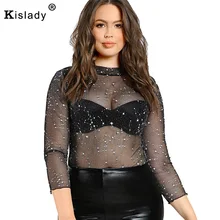 Kislady, сексуальные прозрачные майки с сеткой, женские, с длинным рукавом, блестящие, черные, плюс размер, нижняя рубашка, футболка, модные топы, для клуба, вечерние