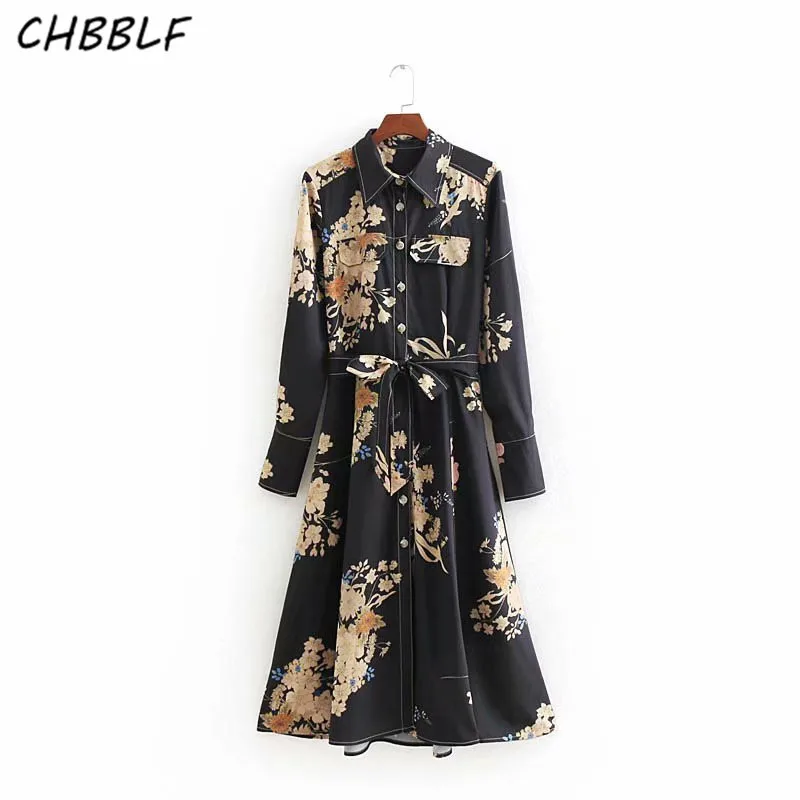 

CHBBLF women retro floral shirt dress bow tie sashes decoration female casual long sleeve midi dresses vestidos CFC8950