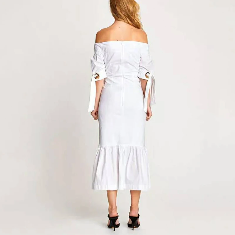Brand High Quality Elegant Hollow Out Sequined Bandage Slash Neck Women Sexy Dress Party Chic Long Trumpet Dresses Summer