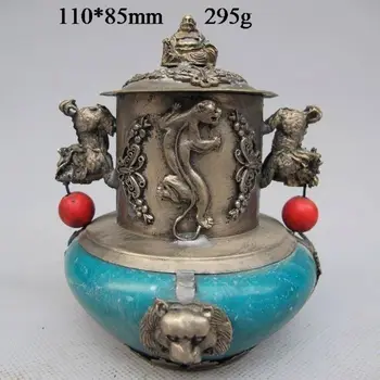 

Tibetan Silver Buddha Statues Carved Incense Burner NR Garden Decoration 100% real Tibetan Silver Brass