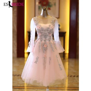 

Simple Evening Gown Short Student party Prom Pink Lace Long Sleeve Evening Dresses Appliques Evening Dress Robe De Soiree ES2166