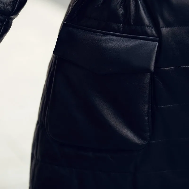 S-4XL, длинное пальто из овчины, зимняя женская мода, из натуральной кожи, пуховое пальто, тонкая кожаная одежда, черная кожаная верхняя одежда