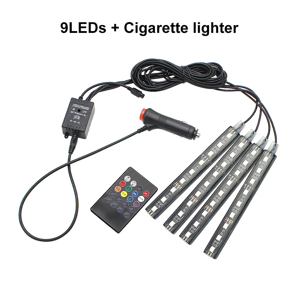 RGB Светодиодная лента, светильник для автомобиля, атмосферная лампа, 9/18 светодиодный s музыкальный ритм, звуковой контроль, атмосферный светильник, автомобильная лампа для ног, USB/сигарета