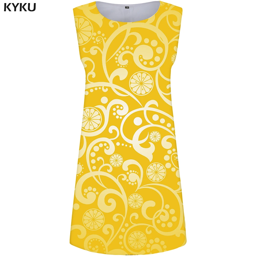 

KYKU Pattern Dress Women Yellow Flower Sundress Vestido 3d Print Dress Harajuku Sexy Elegant Womens Clothing New Ladies Dresses