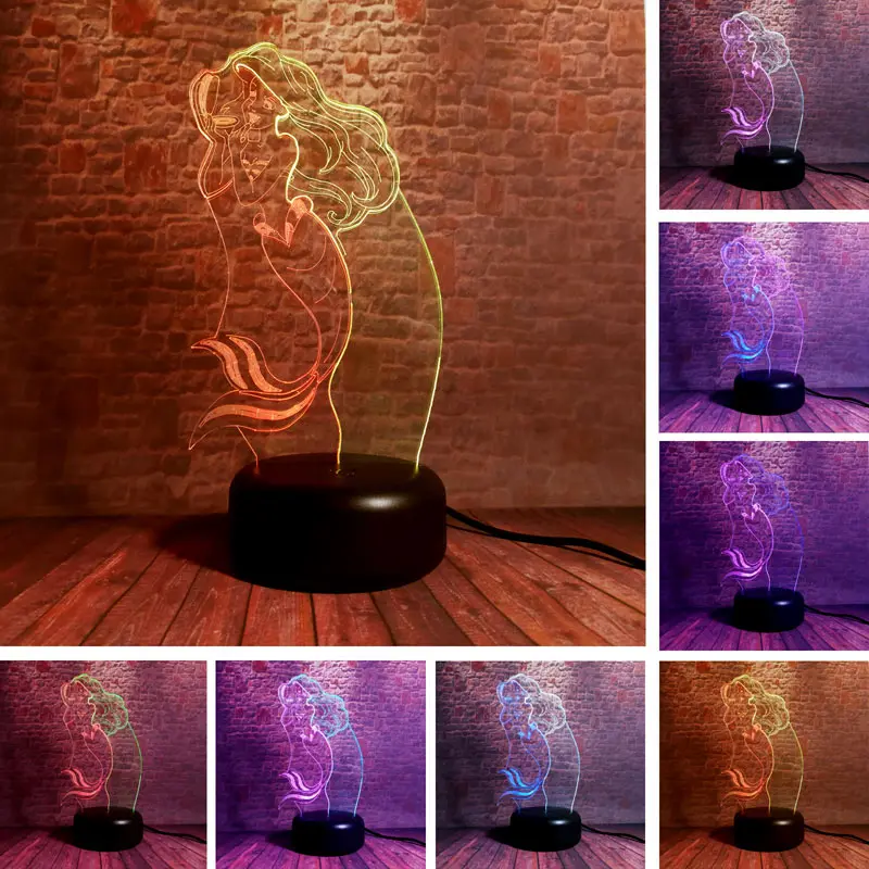 

Colorful Little Mermaid Princess Ariel Anime Figure 3D Nightlight LED Mixed Color Light Sea-maid Figuras Model Toys