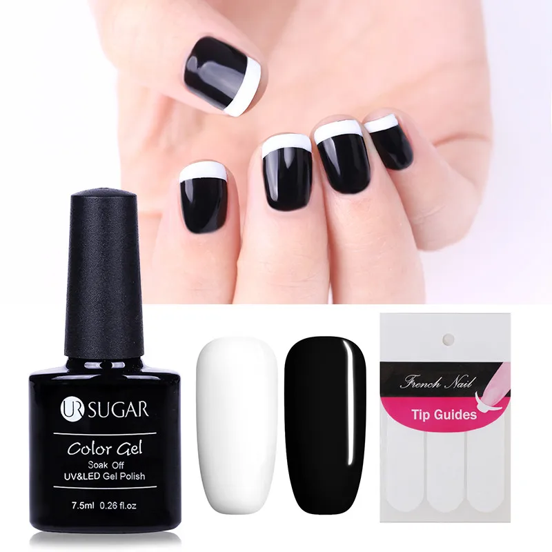 Nuestro azúcar 2 piezas negro blanco Gel esmalte de uñas remoja la laca de Gel UV con guías de Punta francesa Color DIY manicura arte GelSet Nuestro azúcar 2 piezas negro blanco Gel esmalte de uñas remoja la laca de Gel UV con guías de Punta francesa Color DIY manicura arte GelSet