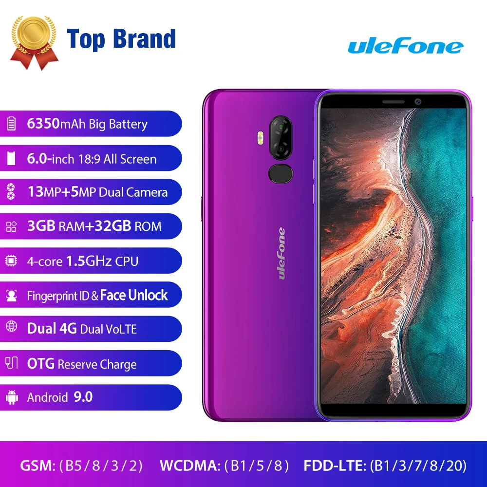 Ulefone P6000 Plus Android 9,0 6350 мАч смартфон 6,0 дюймов Face ID HD+ Двойная камера Ouad Core 3 ГБ 32 ГБ Face ID4G LTE мобильный телефон