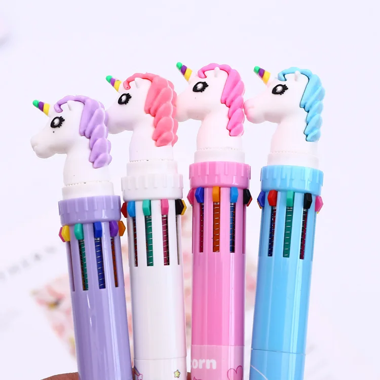 

Kawaii 10 In 1 Colourful Cartoon Uncicorn Ballpoint Pen Lovely Multi Color 0.5mm Writing Ball Pens School Office Children Gift