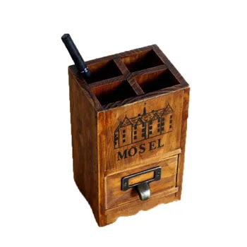 

New Design 4 Lattices Wooden Pen Container Japanese Style Made Old Wooden Furnishing Desk Figurines Handiwork Craft Miniatures