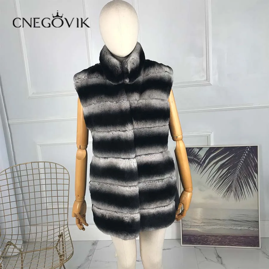 

Latest Fashion 2019 Chinchilla Color Real Rex Rabbit Fur vest midum-long Genuine Rabbit Fur stand collar Winter women's Warm Do