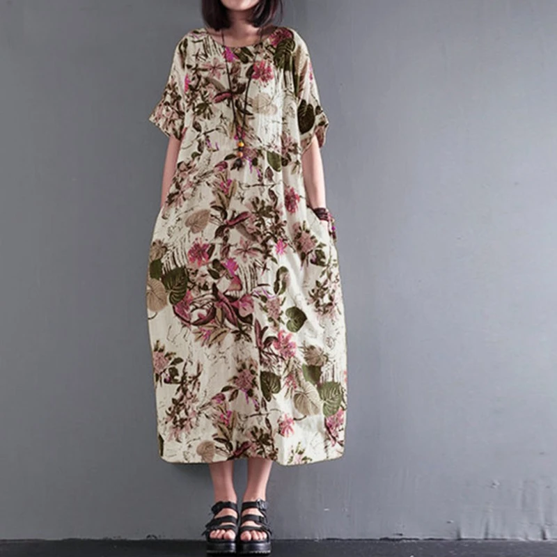 Large size women's dress plus size 5XL 6XL 7XL 8XL summer round neck short sleeve loose casual large flower print dress