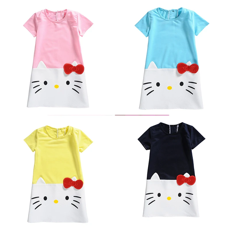 

Summer Casual Girls Dresses Fashion Cute Hello Kitty Cartoon O- Short-Sleeve KT Pattern Clothes 5 6 7 years Children Clothes