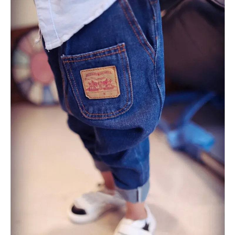 Детские джинсы для мальчиков, штаны-шаровары детские штаны в стиле пэтчворк для мальчиков брюки светло Цвет, хлопковый, мягкий, эластичный пояс, карманы для детей для мальчика Костюмы
