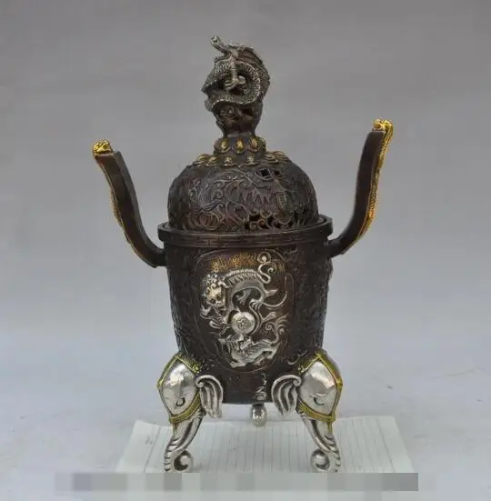 

S3542 15"china palace bronze gilt silver dragon Kirin elephant statue incense burner