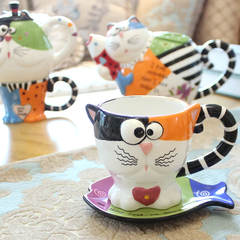 

3D cartoon coffee mugs creative Cat cup pottery cups and saucers coloured drawing or pattern glass personality birthday present
