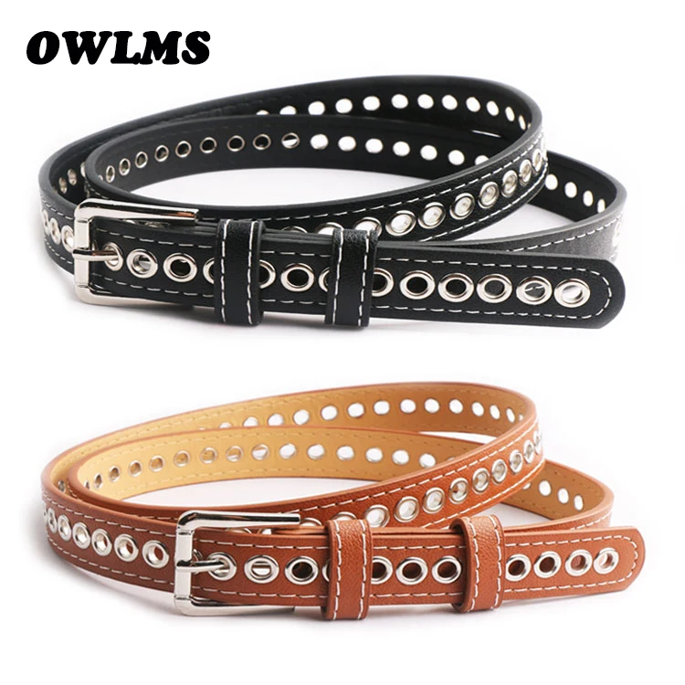 

Women Belt solid color PU Leather Waist Strap silver pin Buckle Belts Woman Fashion thin Hollow Waistband jeans students girl