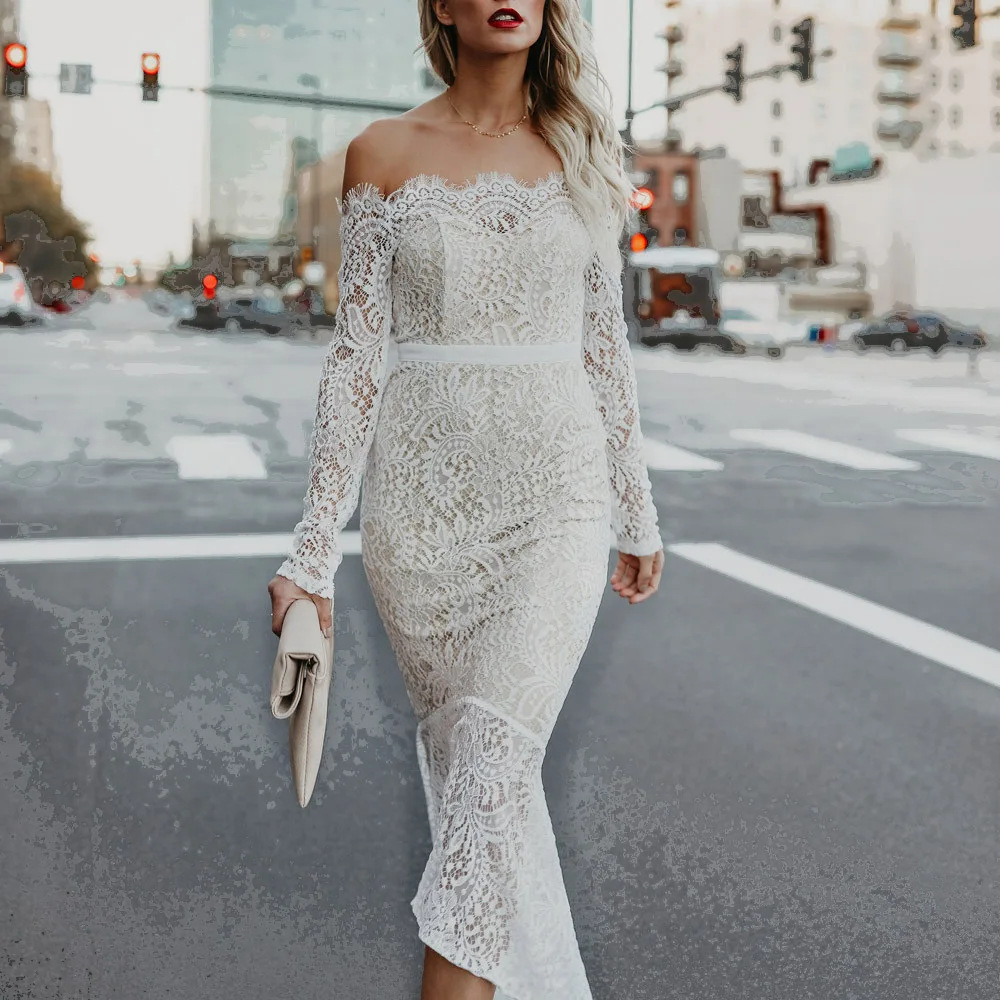 Women Elegant Lace Slim font b Dress b font Off Shoulder font b Long b font