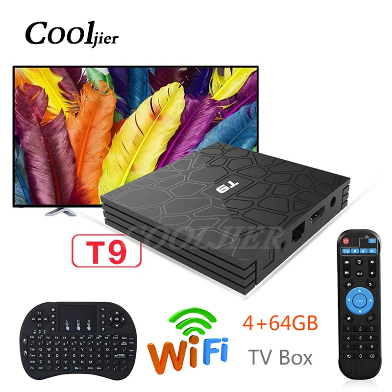 

COOLJIER Newest Android 8.1 TV Box 4GB 64GB T9 RK3328 Quad Core 4G/32G USB 3.0 Smart 4K Set Top Box WIFI Bluetooth Smart box