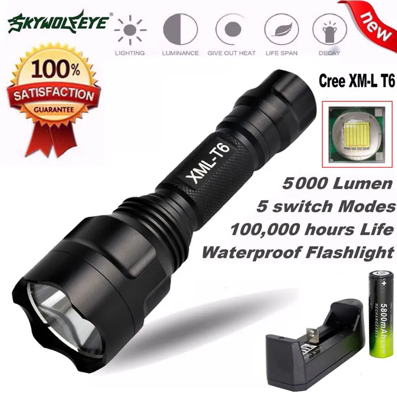 2018 5000Lm C8 CREE XM-L T6 светодиодный 18650 вспышка светильник 5 Режим Фонарь Тактический