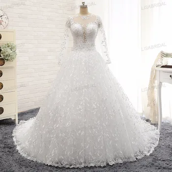 

Actual Image Long Wedding Dresses 2017 O-Neck Long Sleeves Ball Gown Chapel Train Beaded Tulle Wedding Gowns Vestido de noiva