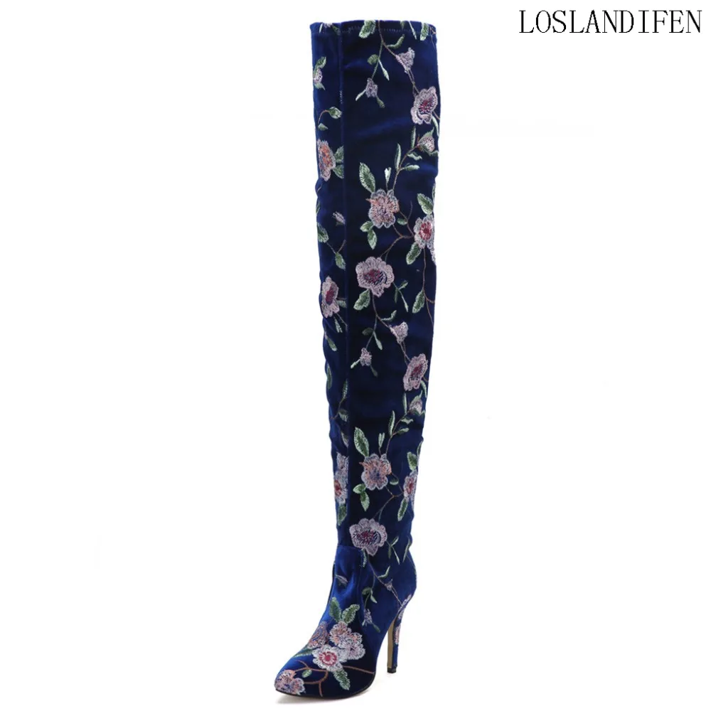 

Women's 2018 New Handmade High Heel Boots Flower Print Over Knee Booty Sweet Folk Winter Fashion Long Booties Shoes N042