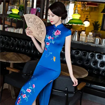 

Shanghai Story Faux Silk Qipao Long Cheongsam national trend chinese style dresses Blue Traditional Chinese Dress for women