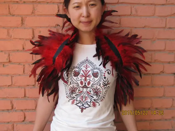 

red feathers SHAWL Shrug Shoulders Feathers cape Halloween hade made costume vintage capelet