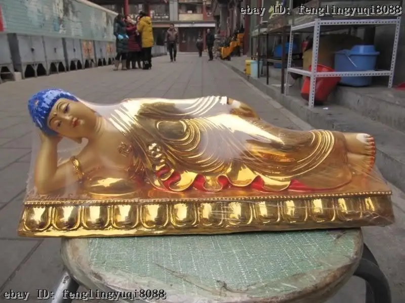 

11"Tibet Buddhism Bronze painted Gilt Rest sleep Ru Lai Sakyamuni Buddha Statue