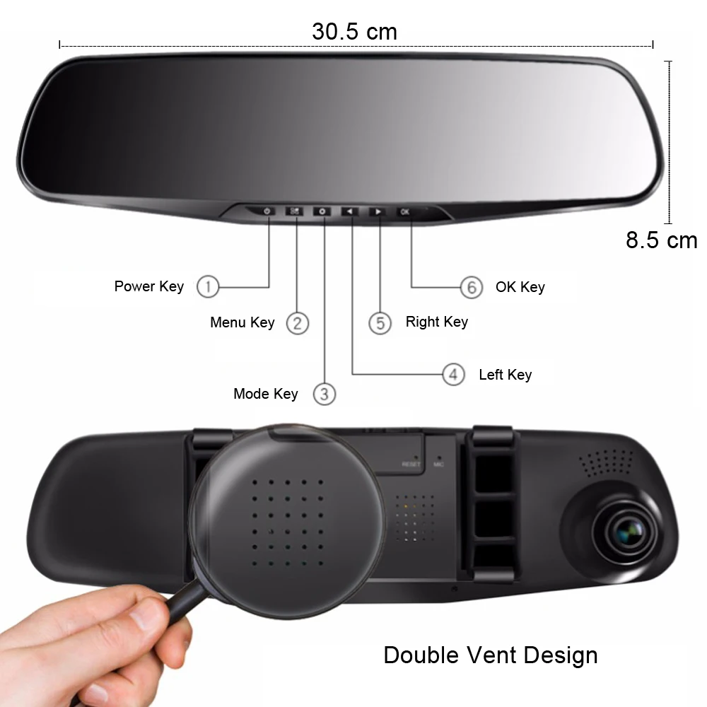 Автомобильный видеорегистратор с двумя объективами, автомобильная камера Full HD 1080 P, 4,3 дюймов, видео регистратор, зеркало заднего вида с видеорегистратором заднего вида, видеорегистратор, Автомобильный регистратор