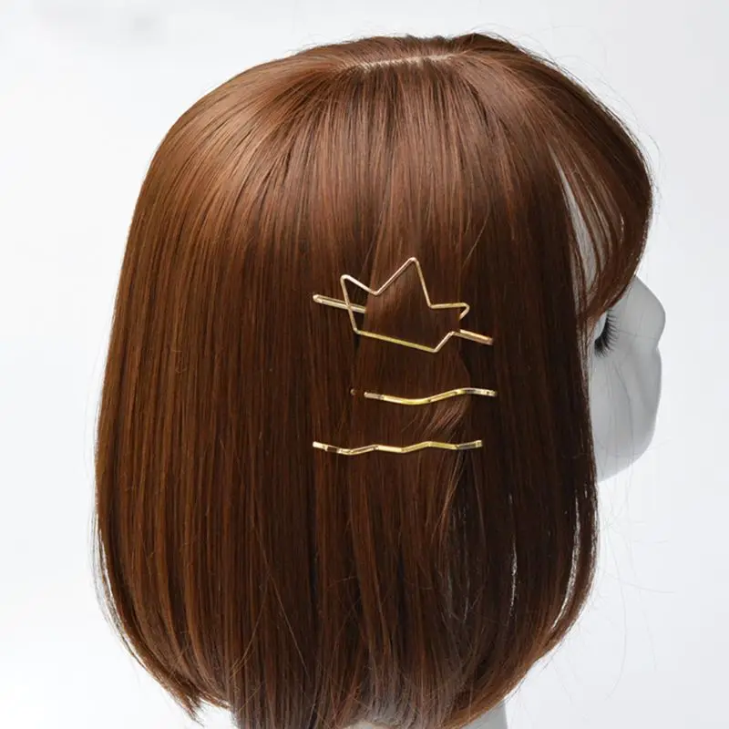 

3Pcs/Set Korean Minimalist Wavy One Word Barrette Women Glitter Polished Metallic Gold Hair Clip Cute Cartoon Cat Animal Hairpin