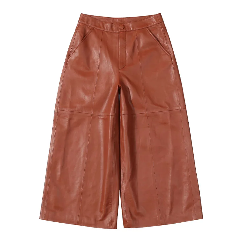 2018 Pantalon Confortable Taille De Femmes Large Mode En Classique Brown Streetwear Style Brun Coréen Haute Véritable Cuir Dames rrwq4d7x