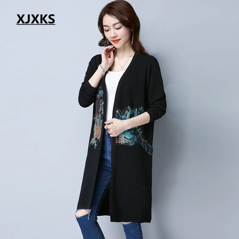 

XJXKS Casual Streetwear Women Cardigans Sweater Coat Ladies Clothing V-neck Beautiful Print Woman Long Sweaters