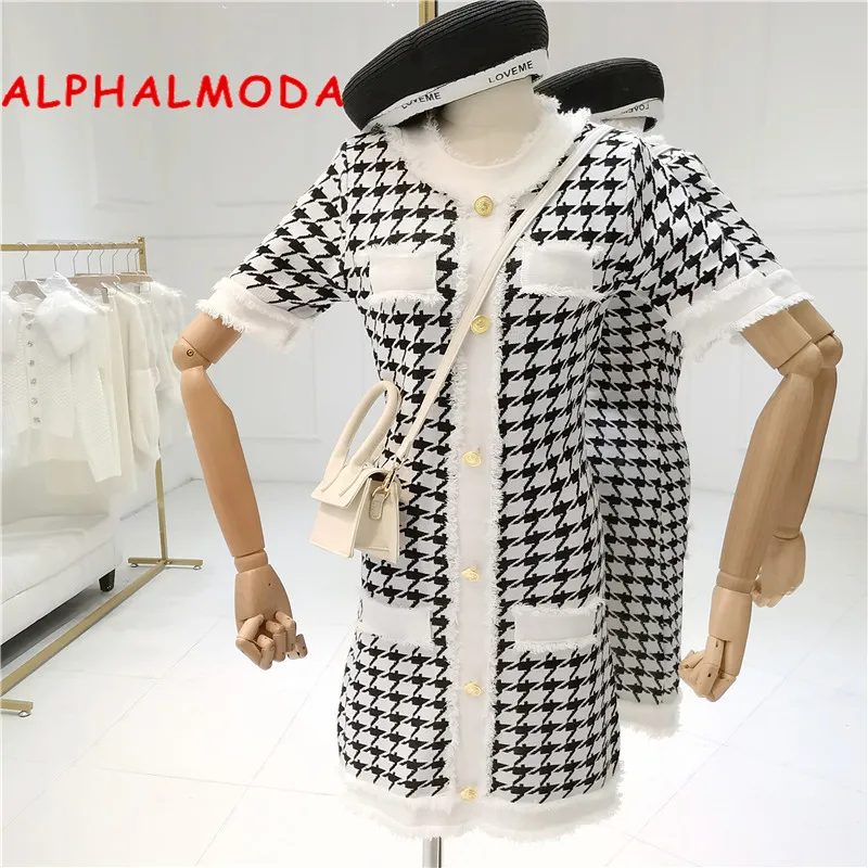 

ALPHALMODA Summer 2019 New Famous Little Fragrance Black-and-White Coloured Thousand-Bird Square Coarse Flower Elegant Dress