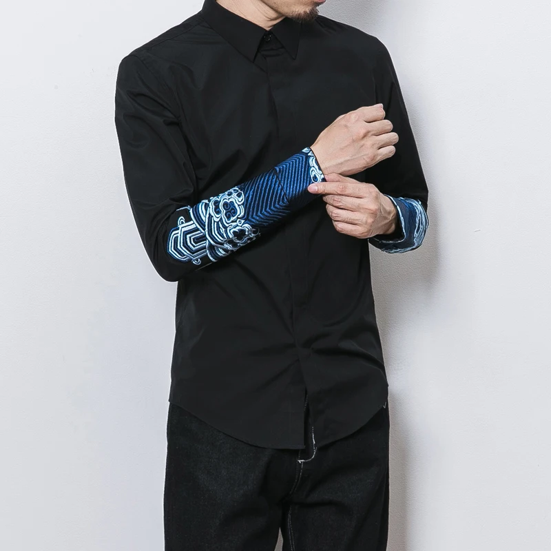 Chemise Longues À Fit blanc Mode Hommes Chinois La Noir Robe Brodé Slim De Manches Casual D'affaires qz1PwY