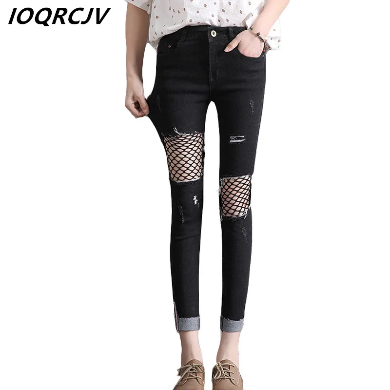 

Hole Mesh Jeans Women Streetwear High Elastic Stretch Jeanst Skinny Pencil Pants Female Denim Trousers Spring Summer Plus Size