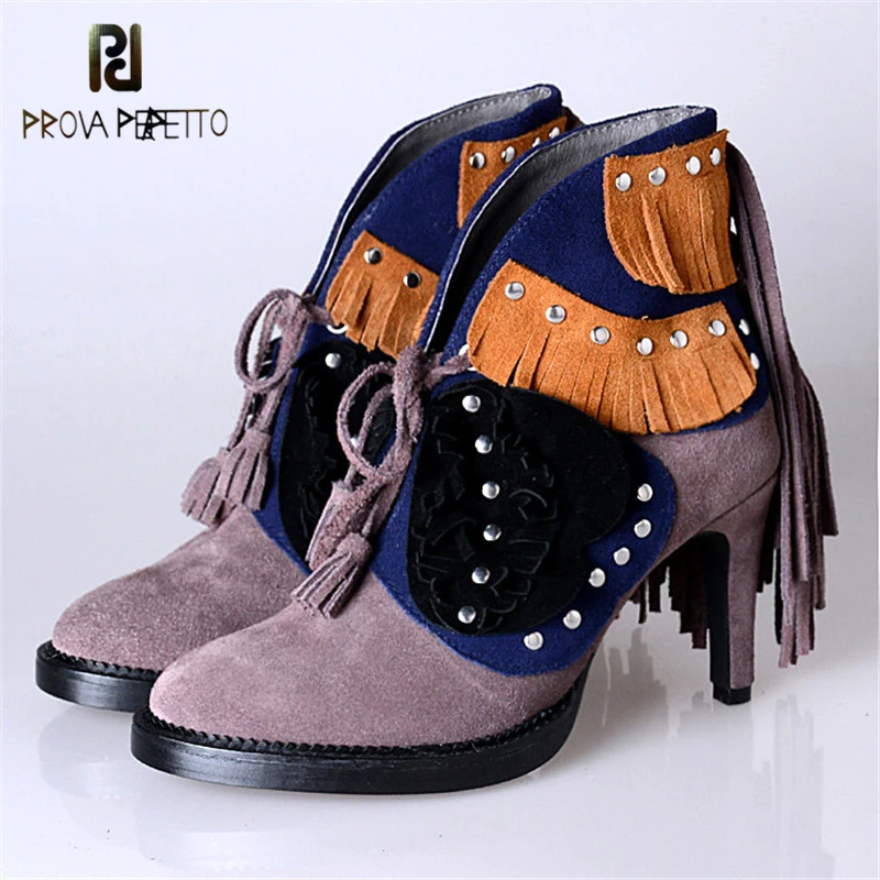 

Prova Perfetto Sweety Fringe Design Genuine Leather Patchwork Woman Short Boots Fashion Mixed Color Rivets Thin High Heel Boots