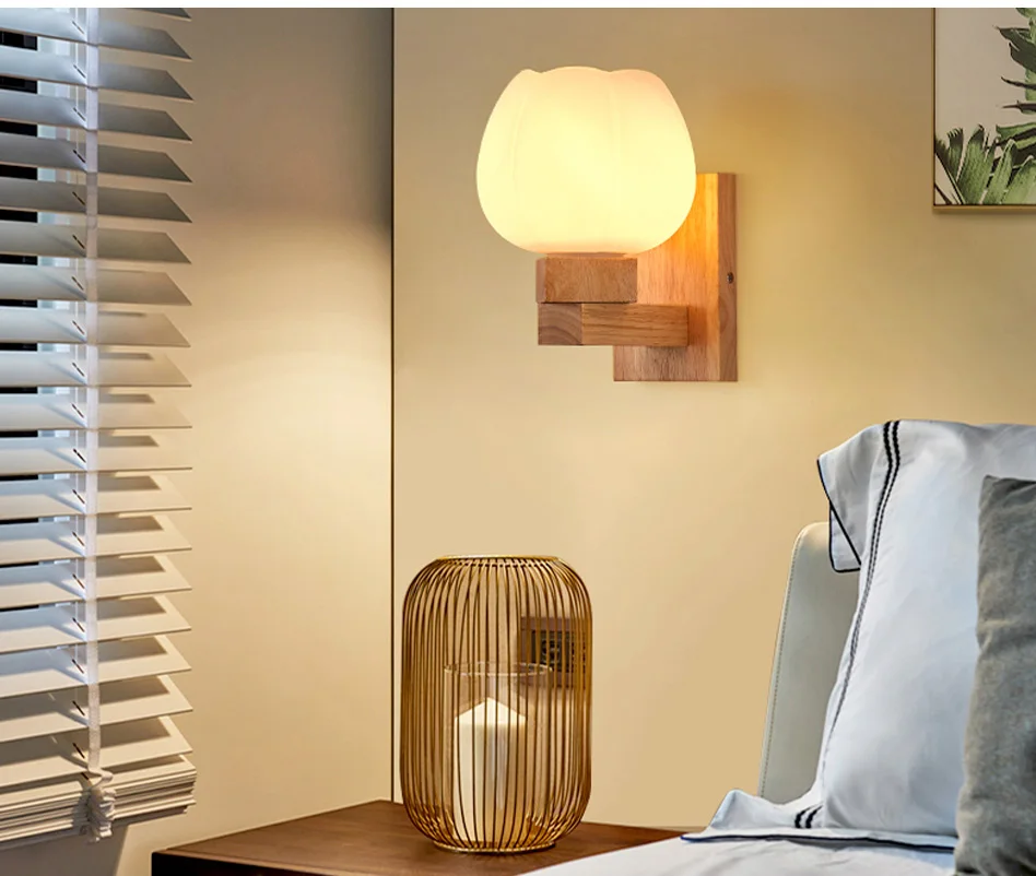 E27 Bulb LED Wall Lamps Sconce Home Hotel Bed room living Corridor Gallery Lighting Modern Nordic Wood Glass Decorative Light (3)