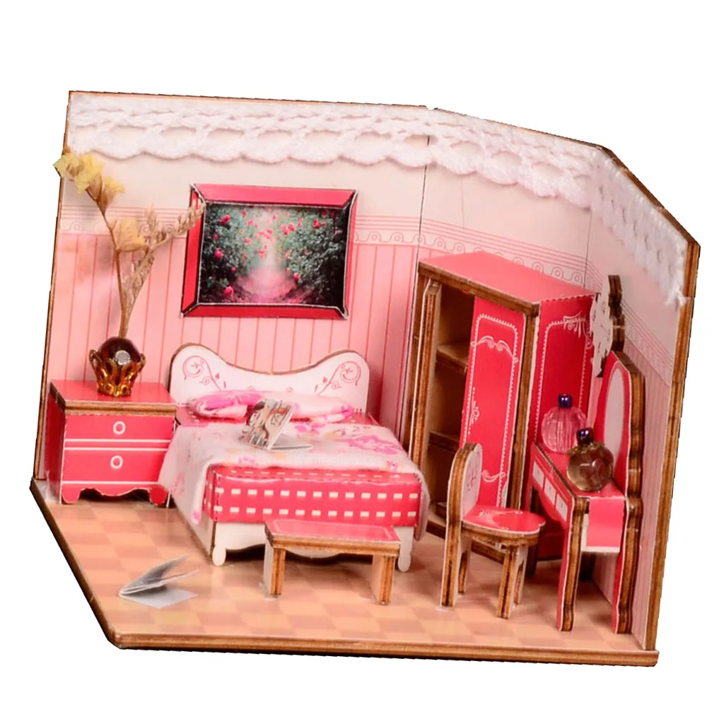 1/24 DIY Dollhouse Miniature Kits Wooden Dolls Houses With Full Furniture - Pink Sweet Princess Bedroom Model House