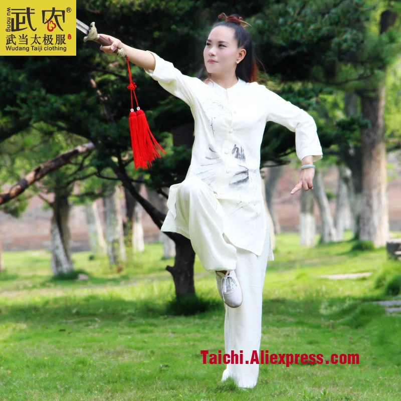 

painted Handmade Linen Tai Chi Uniform Taijiquan female clothing summer short sleeved Wushu Kung Fu jacket+pants